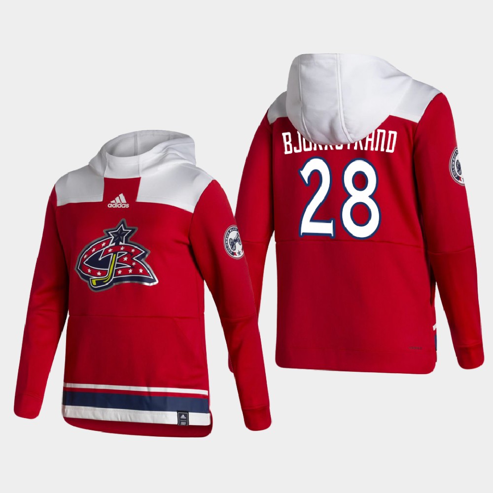 Men Columbus Blue Jackets #28 Bjorkstrand Red NHL 2021 Adidas Pullover Hoodie Jersey
